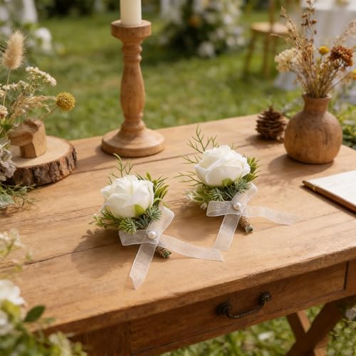 Garisey 2pcs White Rose Boutonniere for Men Artificial Rose Flower for Wedding Flowers Ceremony Prom Flower (2 Boutonniere) - color: 2 Boutonniere