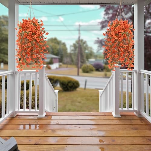 Artificial Fake Hanging Flowers Fall Plants for Outdoor Outside Autumn Decoration 2PCS Faux Silk UV Resistant Realistic with Eucalyptus for Home Thanksgiving Harvest Porch Patio Balcony(Fall Orange) - color: Fall Orange