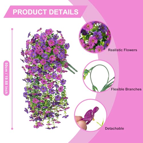 Hrobek 4 PCS Artificial Hanging Plants Flowers for Outdoor Srpring Summer Decoration, Fake Realistic Daisy Eucalyptus for Outdoors, Faux Plastic Greenery Long Vine Indoor Wall Patio Porch Decor - color: A-dark Purple Light Purple