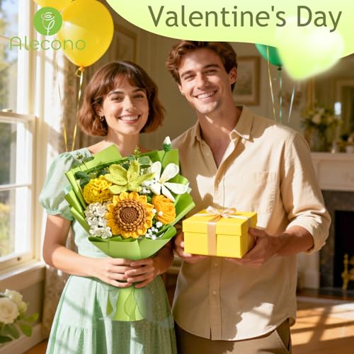 Alecono Crochet Flower Bouquet, Green Knitted Flowers, Crochet Sunflowers for Mother's Day Anniversary Birthday Graduation Lover Valentine Day Gifts (with Card) - color: Green, size: Large