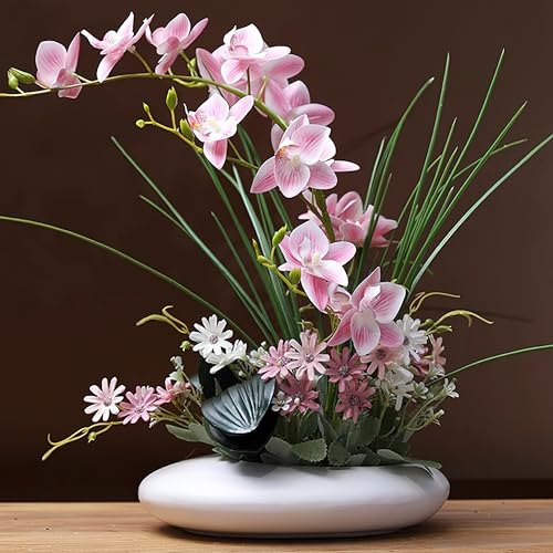 SYDDOL 17" Artificial Orchids in Ceramic Pot - Realistic Silk Flowers with Vase for Home Decor (Pink + White) - color: Pink Flower+ White Pot