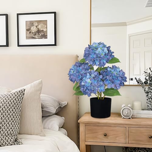 Hollyone Navy Blue Hydrangea Artificial Flowers in Pots 19.7" Four-Head Faux Silk Hydranges Flower Arrangements for Indoor Home Office Kitchen Table Centerpieces Wedding Decorations - color: Blue, size: 4 Head Hydrangea