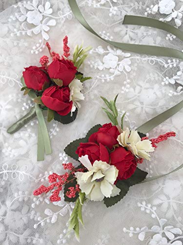 Rose Wedding Wrist Corsage and Boutonniere Set Party Prom Hand Ribbon Flower Suit Decor (Red) - color: Red