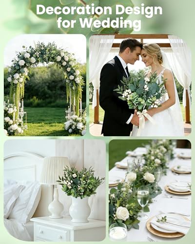60 Pcs Mixed Artificial Eucalyptus Leaves Stems Bulk, 5Kinds Fake Greenery Silver Dollar Leaves Dried Eucalyptus Bundle with White Seeds Berry for DIY Bouquets Floral Arrangement Wedding Vase