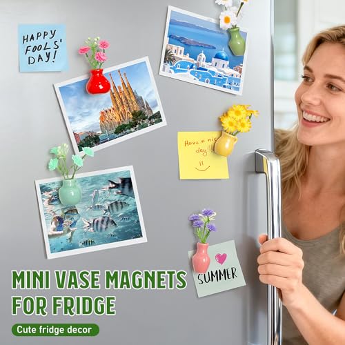 8PCS Mini Ceramic Vase Fridge Magnets, Cute Tiny Flower Vase Fridge Magnets with Artificial Flowers for Refrigerator Office and Kitchen Cabinet Decoration
