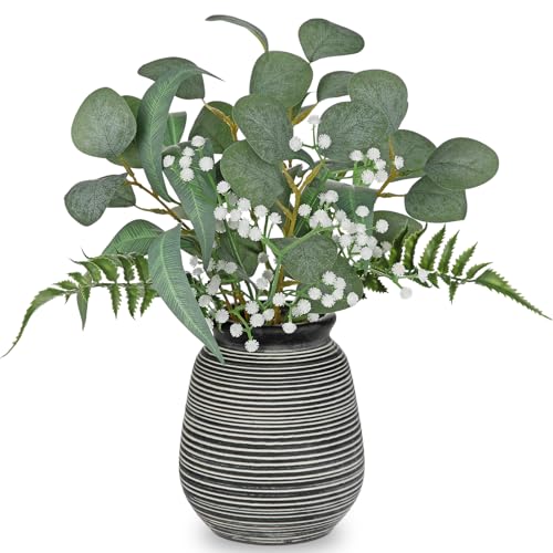 Briful Artificial Floral Arrangement Centerpiece with Eucalyptus & Mixed Greenery – 14.5” Pre-Arranged Faux Flowers in Textured Black & White Ceramic Vase for Table, Shelf & Entryway Décor - color: Black