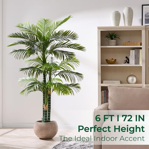 6FT Tall Triple Golden Cane Palm Tree (1 Pack), Large Faux Plants, UV Resistant Indoor/Outdoor Fake Plant in Black Cement Pot - Realistic Tropical Decor for Patio, Living Room, Office - color: 6ft Golden Cane Palm - 1 Pack, size: 6ft
