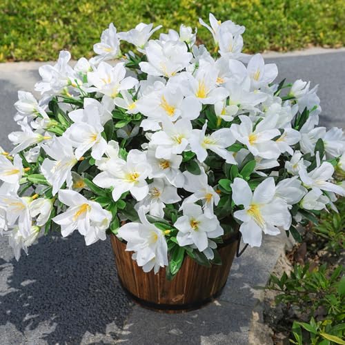 INSPRING Artificial Fake Spring Flowers for Outdoors Decoration, 3 Bundles Faux Azalea Plants Flower Look Real UV Resistant Silk Flowers for Outside Planters Patio Porch Garden Yard Window Home, White - color: White