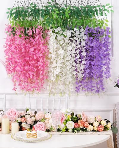40 Pack Pink Purple White Wisteria Hanging Flowers, Fake Hanging Flowers for Decoration,Vines for Bedroom, Wisteria Flower Garland for Home ,Party,Wall,Wedding Decoration,Baby Shower(3.6 Ft/Pcs) - color: White & Pink & Purple, size: 40 Pcs
