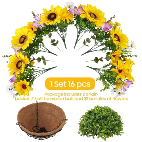 2 Set Sunflowers Artificial Flowers Fake Hanging Basket Flowers UV Resistant Fake Sunflowers Hanging Baskets for Outdoor Outside Patio Garden Porch Spring Summer Decor