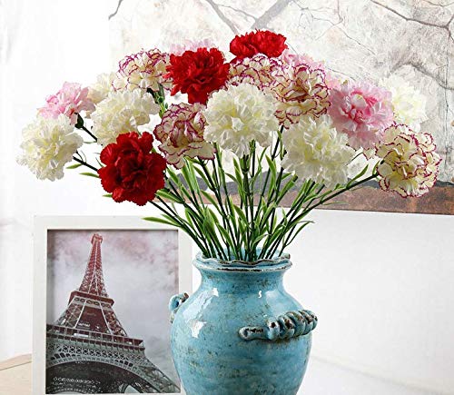 10 Bunches Bouquet of White Artificial Silk Flower Carnations,Single Flower Head 20 Inch Bouquet and Green Leaf for Party,Home Decor Bridal Wedding Holding Flowers Decoration - color: White