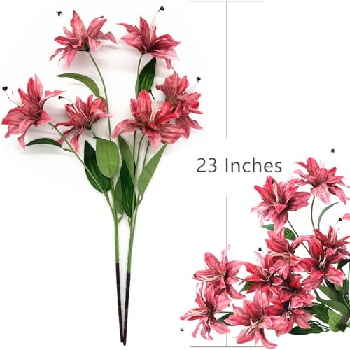 Artifical Lily Flowers Full Bloom Silk Flower Long Stems 4 Pack, Fake Stargazer Lilies Bundles Faux Tiger Lily Floral Plant for Wedding Bouquet Home Hotel Office Vase Arrangement Party Decor - Pink - color: Lily Silk Flowers / Pink 4 Pack