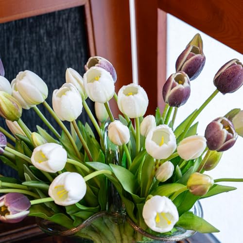Artificial Tulips Flowers,Soft Touch Latex Bouquet, Fake Tulips,Spring Wedding Home Room Table Centerpiece Decor - color: 40pcs Dark Plum Set(no Vase)