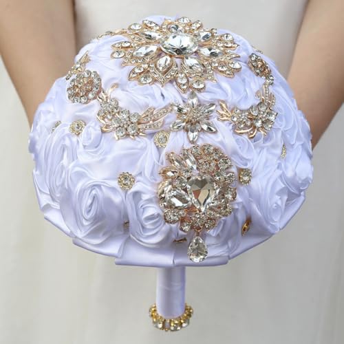 7.5in White Handmade Wedding Bouquet with Luxury Gold Rhinestone Brooch Satin Rose Flower Bridal Bouquet for Bride Bridesmaid Quinceanera Wedding Bouquet White - color: White, size: Medium (DIA. 7.5"/19cm)