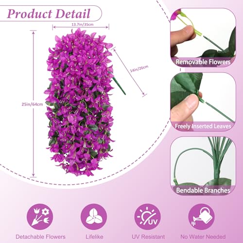 2PCS Faux Bougainvillea UV Resistant Artificial Flowers Plants for Outdoors Faux Hanging Bougainvillea Flowers Outside Decoration Fake Silk Long Trailing Vines for Front Door Porch Patio (Purple) - color: Purple