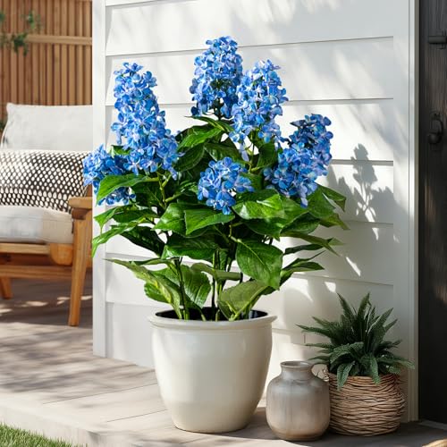 2 Pack Large UV Resistant Artificial Hydrangea Plants Fake Plastic plantas Flowers Trees Indoor Outdoor Realistic Floor Plants Faux Tree for Home Porch Garden Office Porch Patio Front Bonsai Decor - color: 9 Heads, size: 26 IN Blue