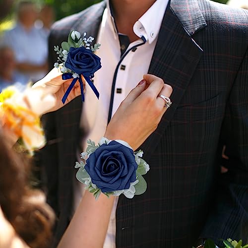 CherishedMoments Corsage and Boutonniere Set, Dark Blue Rose Handmade Artificial Flower Wrist Corsage and Groom Boutonniere for Seaside Wedding,Bridesmaid Hand Flower,Prom Suit Decorations - color: Dark Navy Blue