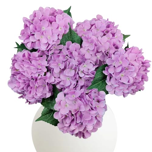 6PCS Purple Hydrangea Artificial Flowers, Bulk Silk Fake Flower with Stems, Faux Hydrangeas Bouquets for Home Décor, Wedding, Party, and Office Table Centerpieces. - color: Purple