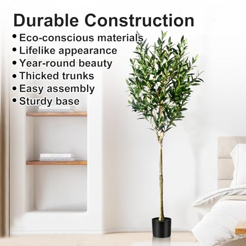 5FT Olive Tree Artificial Indoor - Tall Faux Olive Tree with Wood Trunk and Lifelike Fruits - Fake Plants in Pot for Home Office Living Room Decor - size: 5ft
