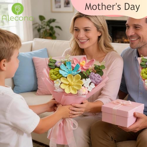 Alecono Crochet Flower Bouquet, Pastel Knitted Flowers, Crochet Tulip Rose Flower for Lover Anniversary Birthday Party Mother's Day Graduation Gifts (Include Card) - color: Pastel, size: Large