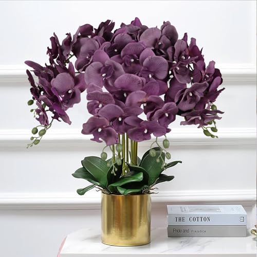 IPOPU 6Pcs Purple Orchids Artificial Flowers 37.4" Long Stem Fake Silk Orchid Look Real Flowers for Tall Vase Faux Orchids with 9 Large Blooms for Wedding Home Dining Table Centerpiece Decor (Purple) - color: Purple