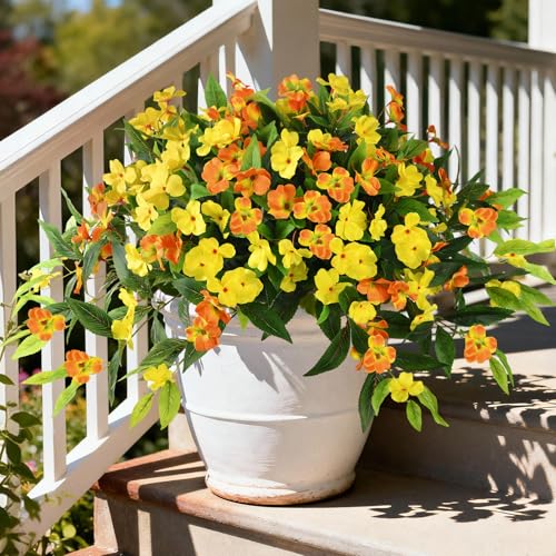Hommyea Fall Artificial Flowers for Outdoor Fall Decor, 2 Bundles Fake Flowers UV Resistant Faux Silk Flowers No Fade Plastic Flowers for Outside Planters Home Porch Patio Yard Garden Decor - color: Orange Yellow