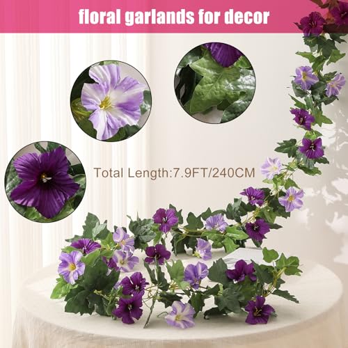 JUSTOYOU Artificial Vines Purple Flower Garland Morning Glory Vine for Outdoor Hanging Floral Vines Fake Plant for Home Decor Wall Fence Stairway Indoor Outdoor Wedding Hanging Baskets(2 Pcs) - color: Morning Glory Flowers-purple