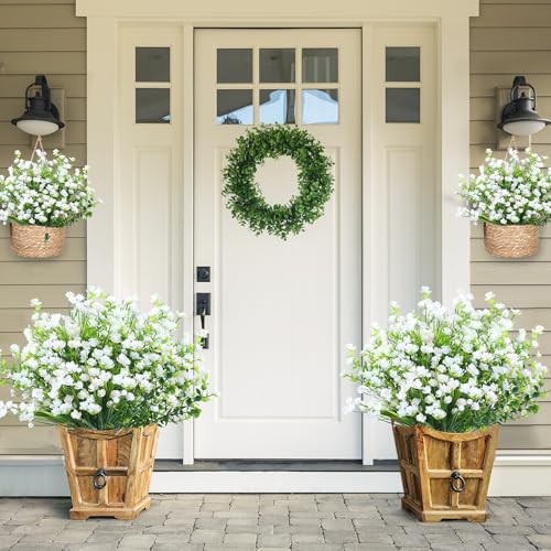 Sggvecsy Artificial Flowers for Outdoors 12 Bundles UV Resistant Boxwood Shrubs Artificial Eucalyptus Fake Plants Faux Plastic Greenery for Farmhouse Garden Home Indoor Outdoor Decoration（White） - color: White, size: 12Pcs