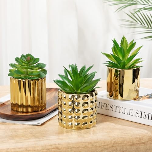 Briful Succulents Plants Artificial in Gold Ceramic Pots (Set of 3), Small Fake Plants for Home Office Desk Decor – Modern Mini Potted Succulents for Bathroom, Bedroom, Living Room Table, Shelf - color: Gold