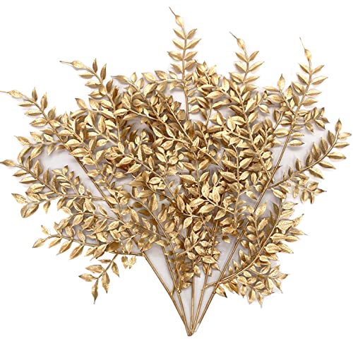 Gold Leaves Decorations for Christmas Artificial Golden Plants Fake Leaf - 17 Inch 5 Pack, Faux Foliage Simulation Flowers Grass Xmas Decor Plant Bushes Indoor Outdoor Wedding Table Centerpiece DIY - color: Gold Foliage - 5 Pcs