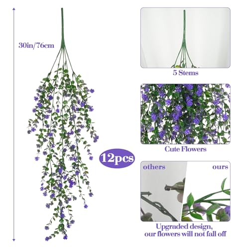 12 Pcs Artificial Hanging Flowers Faux Eucalyptus Vine Fake Hanging Plants Plastic UV Resistant Trailing Vines for Indoor Outdoor Wall Garden Front Porch Home Decor (Purple) - color: Purple-12pcs