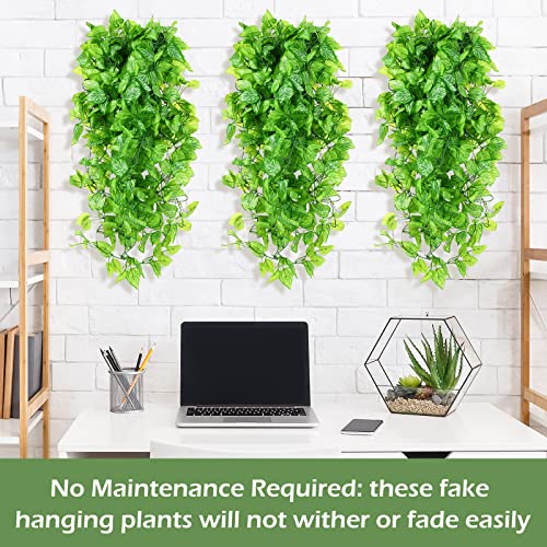Hoteam 12 Pcs Artificial Hanging Plants 32 Inch Fake Ivy Vines with Fake Leaves Patio Artificial Plants Greenery for Living Room Indoor Outdoor Wall, No Basket (Marble Queen Pothos) - color: Marble Queen Pothos