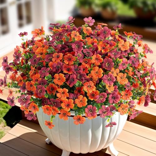 Artificial Fake Mums Fall Flowers for Outdoors Decoration,12 Bundles Faux Silk Daisy Flowers for Outdoor Planter UV Resistant Look Real for Home Front Door Porch Patio Outside Yard(Orange Brown) - color: Orange Brown