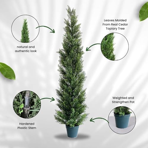 5 Feet Outdoor Artificial Topiary Cedar Tree, Set of 2 UV Resistant Potted Faux Cedar Trees for Outdoors and Indoors, Decorative Fake Shrubs Topiary Trees for Home Living Room Front Door Decor - size: 5ft