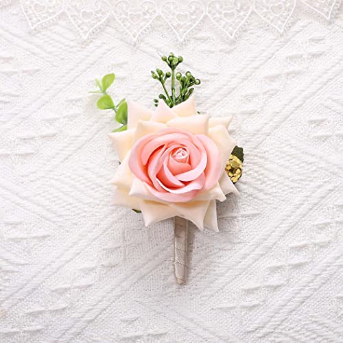 Wedding Boutonniere Groom Flower Buttonholes Groomsmans Prom Party Suit Decoration Anniversary Accessories for Man - color: Champagne