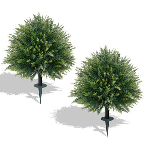 Yangrass 2PCS Artificial Cedar Topiary Ball Trees 26.5" for Outdoors with Ground Spike, UV Resistant Artificial Cypress Trees, Evergreen Shrubs Bushes Faux Plants for Front Porch Garden Backyard - color: Large Size Cedar