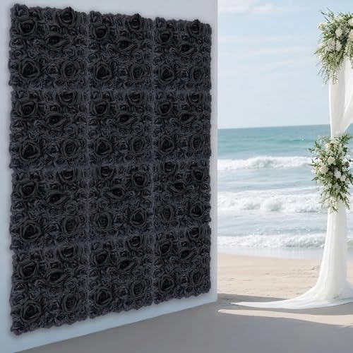 12PCS Black Rose Flower Wall Panels, 3D Artificial Silk Floral Background Decor for Wedding Party Indoor Outdoor Home Decoration (15x15in) - color: 12pcs Black Roses