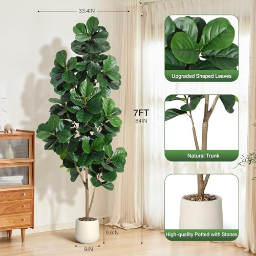 7 ft Fiddle Leaf Fig Tree Artificial with 141 Leaves - Realistic Faux Ficus Lyrata Trees in 9 in White Planter Pot, Indoor Fake Floor Plants for Home Office Living Room Decor, Housewarming Gift - color: With White Planter, size: 7ft