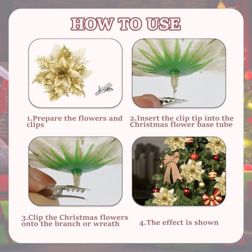16Pcs Gold Poinsettia Flowers Artificial Christmas Flowers Decorations with Clips, Glitter Poinsettia Christmas Decorations for Xmas Tree Ornaments Winter Party Wreath Decor - size: 16PC Gold Poinsettia