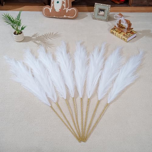 Premium Faux White Pampas Grass Decor 8pcs 43.3″ – Pure Cream Tall Fluffy Pampa Feather Flowers, No Assembly 18-Branch One-Piece Stems for Wedding Boho & Minimalist Home Decor, Floor Vase Arrangement - color: Faux White, size: 8pcs 43.3"(110cm)