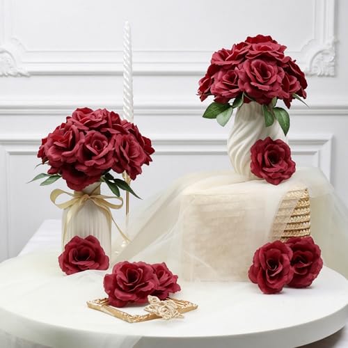50 Pcs Rose Flower Head, Artificial Flowers Bulk for DIY Crafts, 3in Fake Rose Silk Flower Head wit Stem, Faux Flowers for Decoration, Wedding Home Party Decor Garland Decor (50, Wine Red) - color: Wine Red