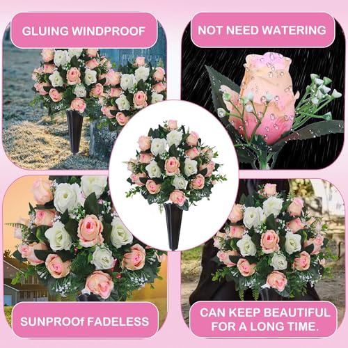 Lodou Set of 2 Artificial Cemetery Flowers, Memorial Flowers Bouquet,Grave Memorial Flowers with Vase for Cemetery Headstones Decoration (Beige White) - color: Beige White