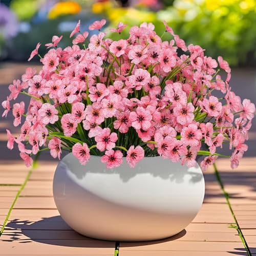 Outdoor Artificial Flowers 21 UV Resistant Bundles Fake Flower Plastic Plants Faux Silk Flowers Porch Hanging Garden Porch Window Box Decorating (Pink) - color: Pink