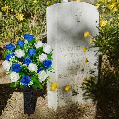 Artificial Cemetery Flowers, Set of 2 Grave Memorial Flowers with Vase, Artificial Rose Bouquet for Cemetery Headstones Gravesites Decoration (Dark Blue & White) - color: Dark Blue & White