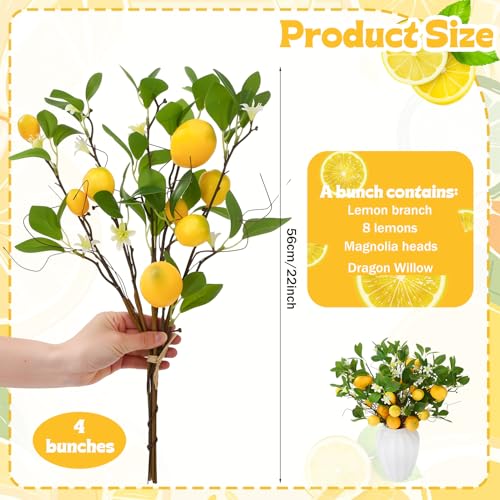 4 Pack Artificial Lemon Branches 8 Heads Per Stem Faux Lemons with Leaves Kitchen Table Centerpiece Decor Fake Lemon Tree for Vases Farmhouse Party Summer Home Yellow Decorations