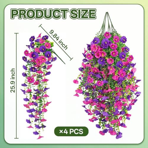 Artificial Hanging Flowers for Outdoors, 4 PCS UV Resistant Morning Glory Flowers with Eucalyptus Leaves, Silk Fake Flower Realistic Faux Plants for Home Patio Porch Garden Decor, Purple+Fuchsia - color: Purplish-red