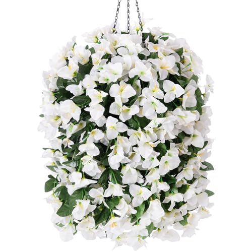 INSPRING Artificial Bougainvillea Faux Flowers Plants Baskets for Outdoor Outside Decoration, 3PCS Fake Silk Flowers Long Trailing Vines UV Resistant Realistic for Front Door Porch Patio (White) - color: White