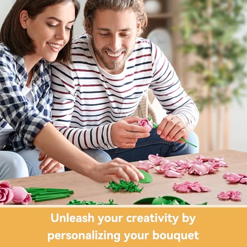 Rose Flower Bouquet Building Set: Artificial Flowers Botanical Collection Blocks Kit for Women Girls Wife Adults Home Decor Thanksgiving Christmas Mother's Day Valentine's Gifts 6-Pack - color: Pink