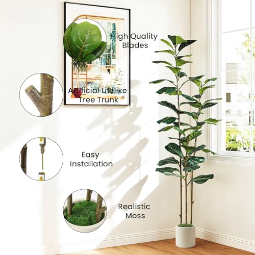 Alupssuc 6FT Artificial Fiddle Leaf Fig Tree with White Planter Pot, 6 feet Tall Fake Tree for Home Decor, Faux Ficus Tree Fake Moss for Indoor Outdoor Office Living Room - size: 6ft