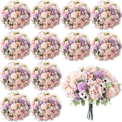 Tigeen Peonies Artificial Flowers Faux Roses Silk Flowers Hydrangea Artificial Bouquet for Wedding Table Centerpiece Floral Vase Home Office Bridal Decor(Purple,Pink,12 Bundles) - color: Purple,pink